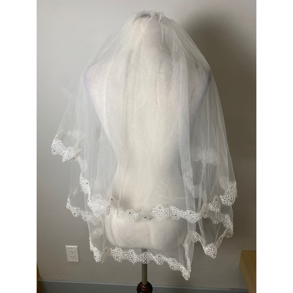 White Tulle Bridal Veil Two Tier Floral Lace Trim Rhinestone Accents Scalloped
